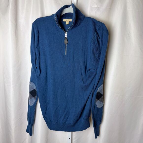 Burberry Brit Women’s Wool Quarter Zip Sweater Blue Argyle Plaid Elbow Patch L - Picture 1 of 6